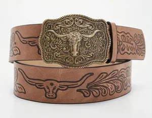 Western Style Bull Head Buckle Unisex Belt Vintage Embossed thumbnail 13