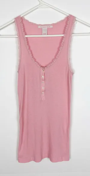 Victoria's Secret Henley tank top Size Small Pink Ribbed Lace Coquette Feminine thumbnail 1