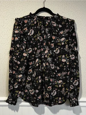 Loft Black and White Floral Ruffle Key Hole long sleeve pullover top size small thumbnail 5