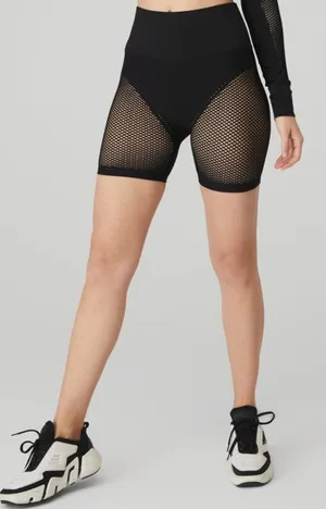 Alo Seamless High-Waist Limitless Open Air Shorts Black Edgy Sheer Mesh Cut-Outs thumbnail 1