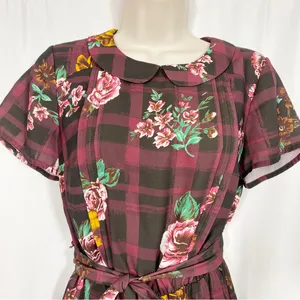 ModCloth Burgundy Floral Buffalo Check Joyfully Poised Collared A-Line Dress thumbnail 7