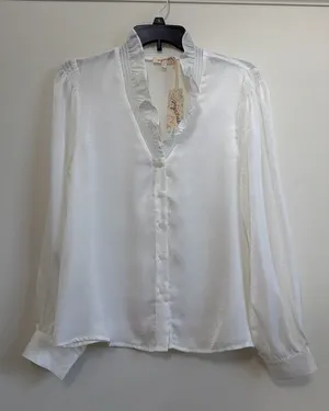 Mystree Ivory Satin Ruffle Neck Blouse Balloon Sleeve Button Down Sz S NWT thumbnail 1