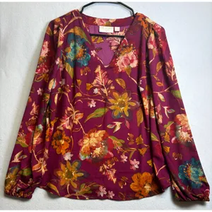 Belle Boho Kim Gravel Burgundy Floral V-Neck Blouse Long Sleeve S thumbnail 2