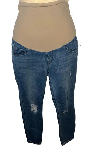 Indigo Blue Skinny Maternity Jeans in Blue with Beige Panel size medium. thumbnail 1