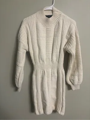 Lulus Patchwork It Cream Cable Knit Cutout Sweater Mini Dress Size XS Cream thumbnail 3