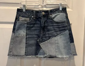 American‎ Eagle Patchwork Denim Mini Skirt Blue Cotton Frayed Hem Sz 4 Festival thumbnail 1