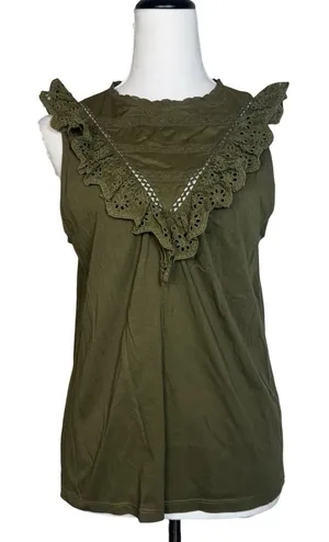 J.Crew Eyelet Lace Ruffle Blouse Tank Small Olive Green Cottage Peasant Boho thumbnail 1