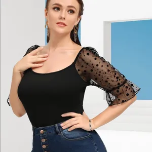 Shein Plus Contrast Dobby Mesh Flounce Sleeve Bodysuit in Black Size 2XL thumbnail 2