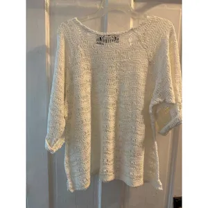 Frazzle Womens White Crochet Open Knit Scoop Neck Button Tab Sleeve Sweater L thumbnail 2