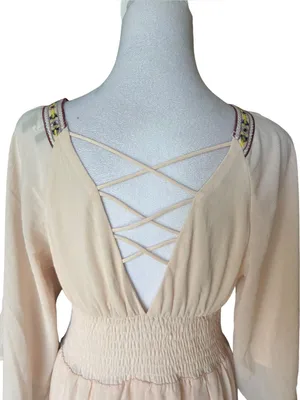Lulus Reign Check Pale Peach Embroidered Dress Mini Boho Womens Medium NEW thumbnail 8