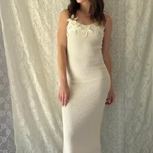 Freshman 1996 Crochet Flower Sweater Maxi Dress Cream Size Small thumbnail 3