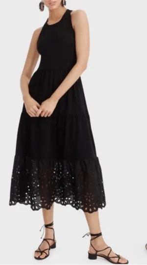 J. CREW Tiered Cotton Black Boho Eyelet Hem Summer Boho Long Dress S thumbnail 1