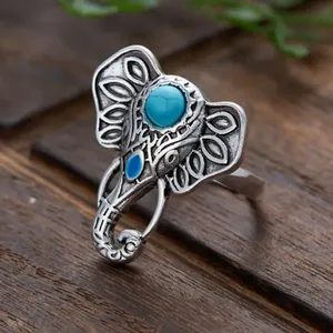 Bohemian Elephant Ring with Turquoise Accent Silver Plated‎ Adjustable Open Band thumbnail 5