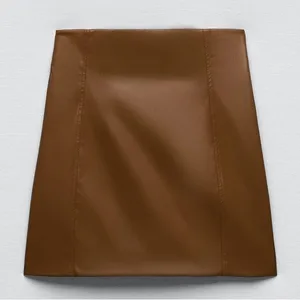 ZARA Brown Vegan‎ Faux Leather Pronounced Seams High Waisted Mini Skirt Size XXL thumbnail 4