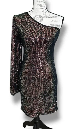 Cefian Navy Blue Sparkle Sequin One Shoulder Dress Medium NWT thumbnail 1
