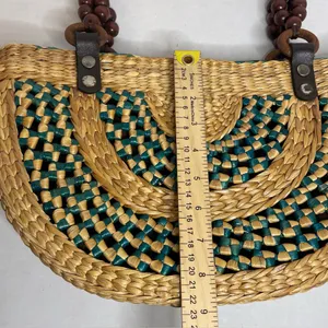 Brown Tan Teal Woven Straw Women’s Purse Handbag Wood Bead Accents Boho Beach thumbnail 8