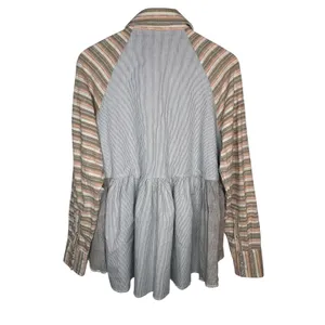 Dress Up Mixed Print Button Down Top Women Small‎ Blue Peplum Striped Plaid Boho thumbnail 6