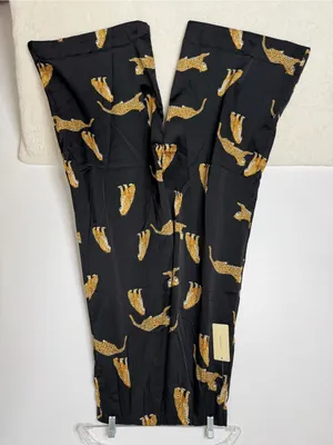 Peach Wide Leg Black Pants with Cheetah / Leopard Big Cat Print Satin Feel NWT thumbnail 4