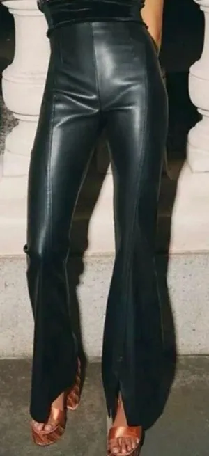 Free People Real Deal Slit Pants Size 28 Black Faux Leather Flare Boho NEW thumbnail 2