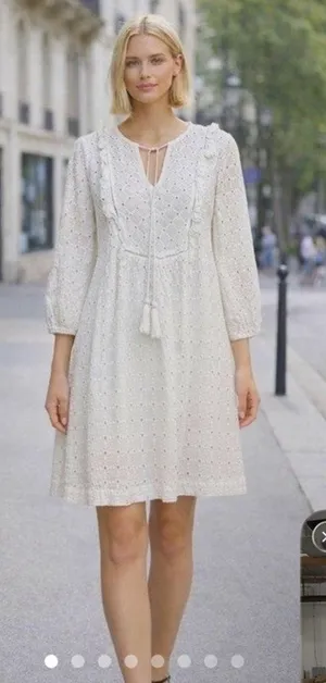 Anthropologie White Eyelet V Neck Mini Dress Tassels Sz 0 NEW thumbnail 1