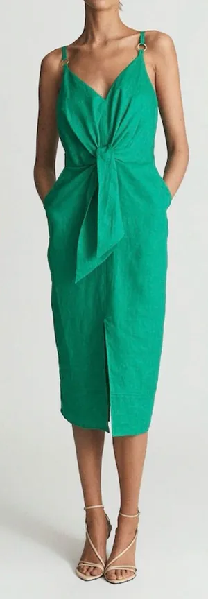 NEW Reiss Kay Green Tie Detail Linen Midi Dress Sz 6 thumbnail 1