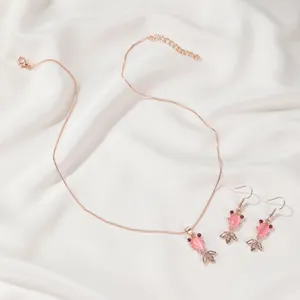 14K Rose Gold Plated Gold Fish Jewelry Set Fish Pendant Necklace Pink Crystal Fish Dangle Drop Earrings(2pcs/set) thumbnail 3