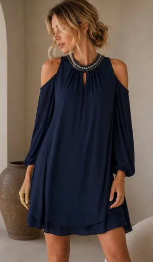 X by Xscape Blue Beaded Collar Formal Mini Dress Women 16 Babydoll Cold Shoulder thumbnail 1