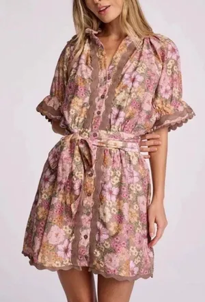 Anthropologie Sundays Evelyn Short Sleeve Dusk Floral Brown Mini Shirt Dress thumbnail 1