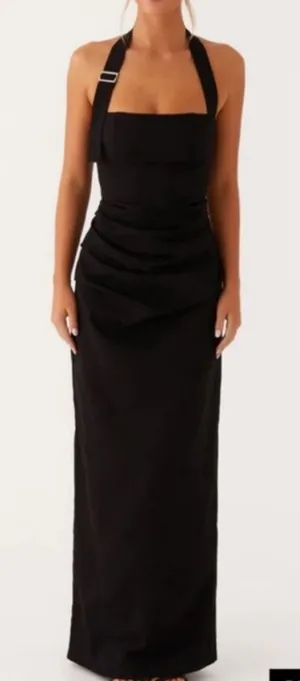 Peppermayo Rumour Has It Black Linen Buckle Strap Halter Maxi Cocktail Dress M thumbnail 1