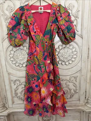 FARM Rio Coral Mixed Graphic Macaws Puff Sleeve Ruffle Hem Midi Wrap Dress XS thumbnail 4