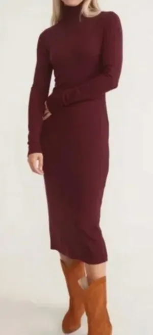 Marine Layer Lexi Mockneck Midi Dress Merlot Ribbed‎ Tencel Soft Stretch Large thumbnail 1