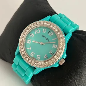 Geneva Turquoise Rhinestones Studded Bezel Women’s Fashion Watch Working thumbnail 2