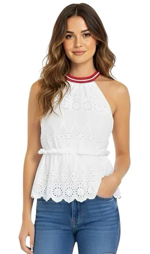 Zara Basic Denim Top Tank XS White Crochet Eyelet Bohemian Boho Chic Cottage thumbnail 1