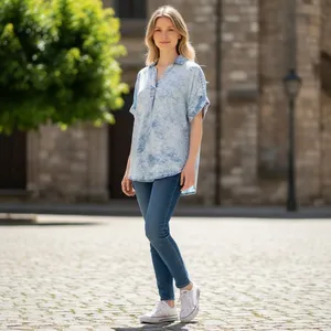 Thread & Supply Acid Wash Denim Look Tunic Top Lt Blue Short Sleeve V-Neck Relax thumbnail 2