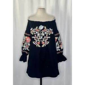 FREE PEOPLE Fleur Du Jour Mini Dress Black Floral Embroidered Off Shoulder Small thumbnail 2