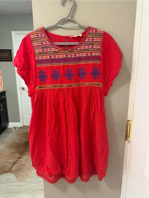 Entro Red Boho Embroidered Peasant Tunic Dress – Size Small thumbnail 2