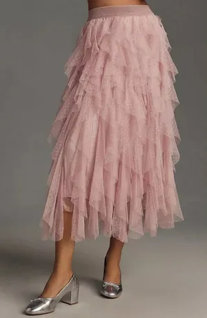 NWT by Anthropologie Evelyn Chéri Cheri in Rose Ruffled Tulle Midi Skirt L thumbnail 1