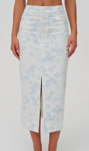 For Love & Lemons Chantal Blue Floral Swan Denim Midi Skirt M thumbnail 1