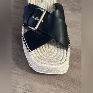 Zara Black Leather Espadrille JUTE WEDGE SANDALS thumbnail 7