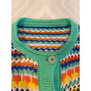 Multicolor Striped Open Knit Cardigan Bell Sleeve Boho Lightweight Small thumbnail 5