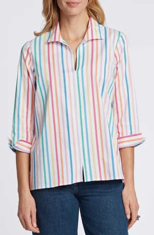 Ali Miles Rainbow Striped Blouse Medium Multicolor Pastel Colorful Office Bright thumbnail 1