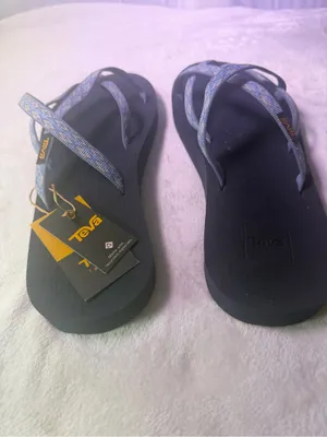 Teva Kids Navy Footbed Flip Flops with Blue Patterned Straps thumbnail 8
