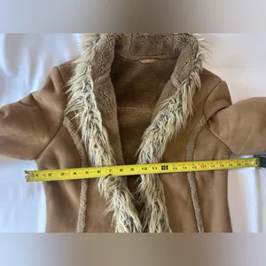 Faux Suede Tan Women's Long Coat with Faux Fur Trim thumbnail 3