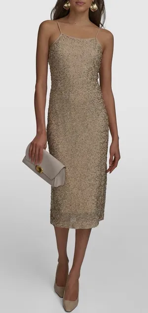 Donna Karan New York Bugle Beaded Slip Dress in Champagne Gold, Size M, NWT thumbnail 1