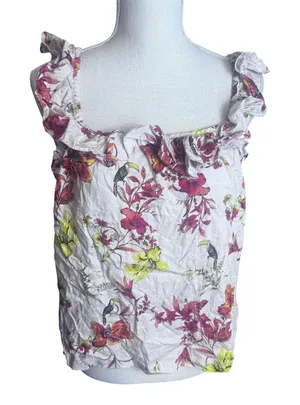 Evereve Womens Linen Blend Tropical Bird Floral Ruffle Tank Top Pink M thumbnail 1