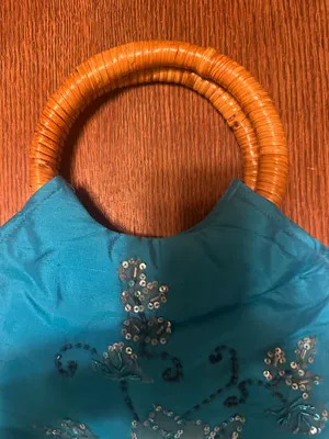 Lord & Taylor Y2K Wooden Handle Blue Purse with Embroidered Flowers thumbnail 3