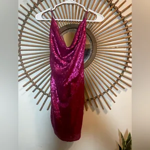Selfie Leslie Saints & Secrets Miami Nights Cowl Neck Fuchsia Mini Dress Sequins Lace Up Prom thumbnail 6