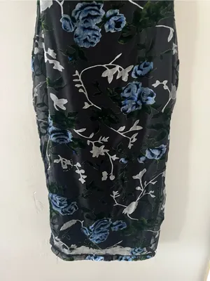 Lulus Black Blue Floral Velvet Burnout Midi Dress Small Romantic Wedding Guest thumbnail 3