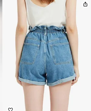 Plaid & Plain Elastic Waist High Rise Denim Jean Retro Rolled Shorts Medium thumbnail 5