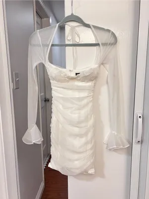 BABYBOO Brea Mini Dress-White Sheer-Sleeve White Mini Dress with Square Neck, XS thumbnail 3